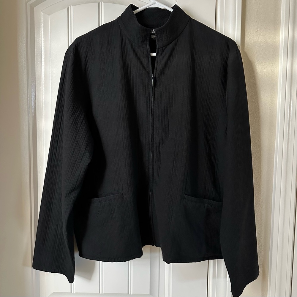 EILEEN FISHER Crinkle Cotton Front Zip Black Jacket Sz S Pockets